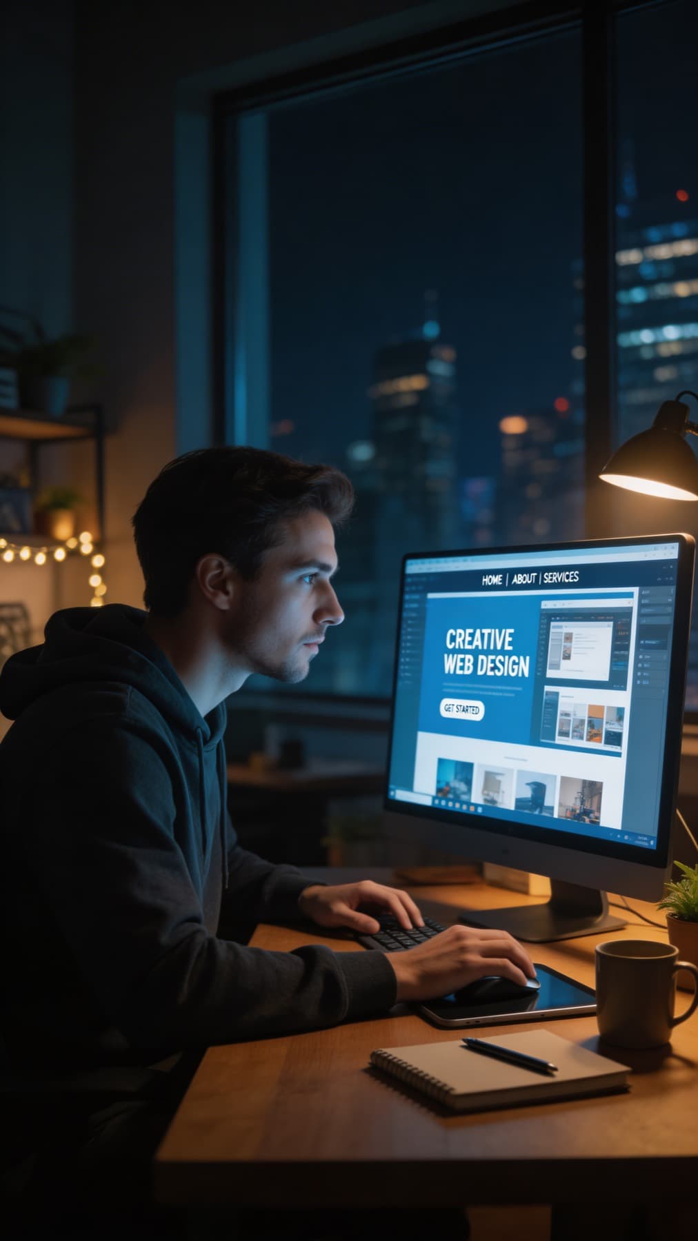 Webdesigner arbeitet nachts an einer Landingpage